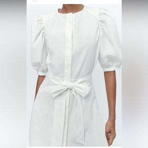 Zara White Puff-Sleeve Mini Dress with Waist Tie